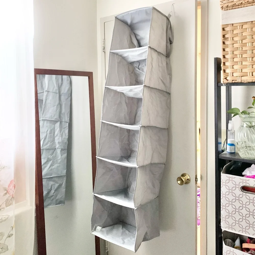 NEW 6-Shelf Hanging Closet Organizer w/Hanging Hooks in Gray